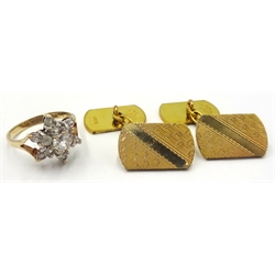  9ct gold cluster dress ring hallmarked 9ct and a pair of gold-plated cuff-links boxed  
