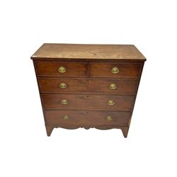 George III mahogany chest, fitted with two short over three cock-beaded drawers, shaped apron and bracket feet