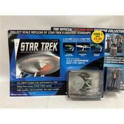 Star Trek - Eaglemoss Official Starships Collection three unopened issue No.1 and Issue No.2; five boxed Fabbri metal figures; and four carded action figures; together with Dr. Who - Eaglemoss Official Figurine Collection unopened Issue No.1; Dr. Who Monster Invasion parts 2 & 3, both unopened; four Dapol carded Dr. Who action figures and two others.