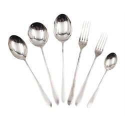  Mid 20th century silver Pride pattern cutlery, to include six table spoons, twelve dessert spoons, twelve soup spoons, twelve table forks, twelve dessert forks and twelve teaspoons, all hallmarked Walker & Hall, Sheffield 1958 