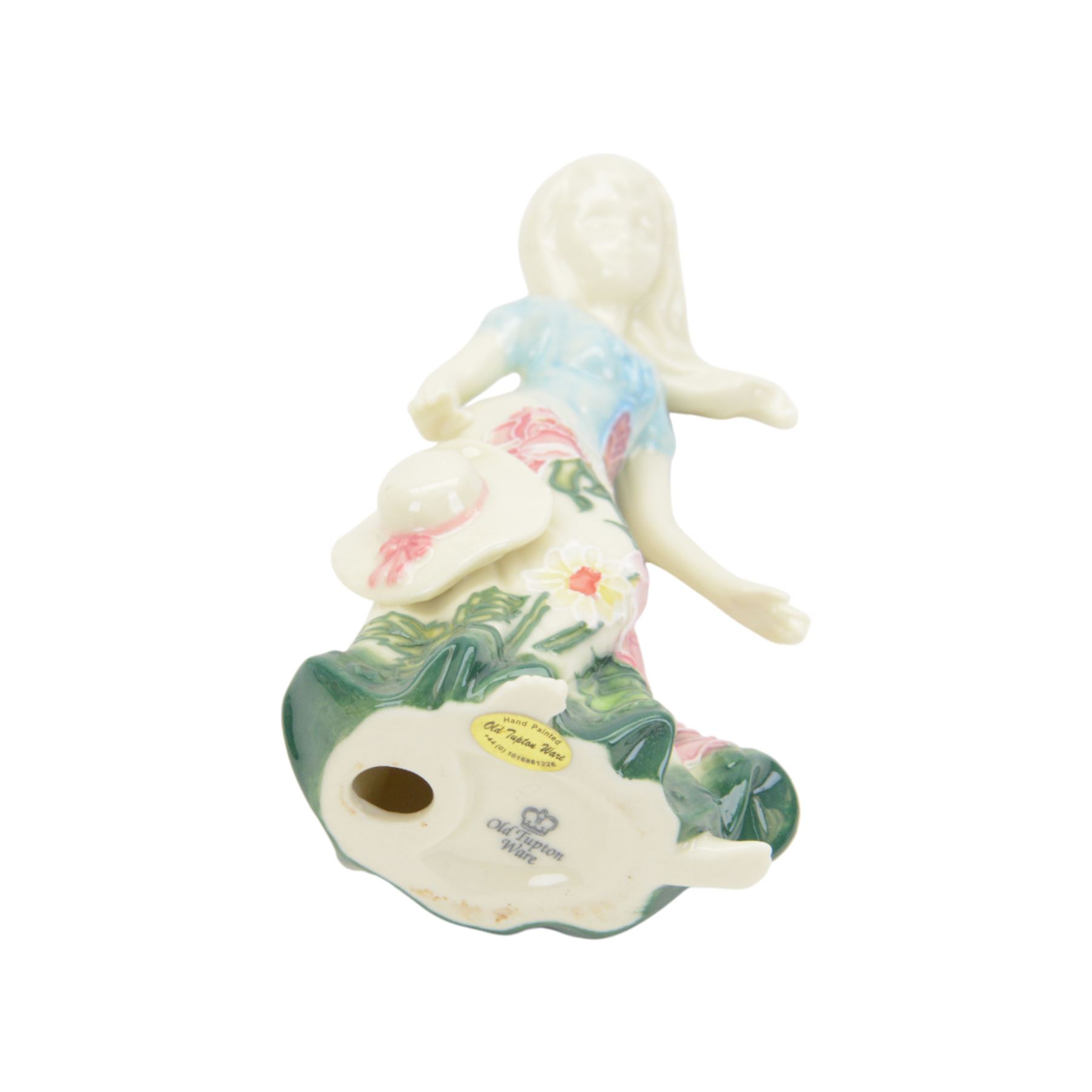 Five Old Tupton Ware figures, comprising two female figures with floral dresses, young girl, fairy and cat, all boxed, tallest H32cm