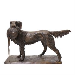 Bronze model of a setter with a pheasant in its mouth on naturalistic base H40cm x W62cm
