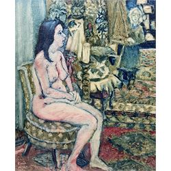 Raymond Arthur Roadnight (British 1941-): Seated Nude being Painted, oil on fabric signed 62cm x 52cm 
Provenance: the artist's studio collection. Born in High Wycombe, Roadnight spent three years training under Patrick Reyntiens and John Piper creating stained glass windows for Liverpool and Coventry cathedrals. These works included the great baptistry window in the New Coventry Cathedral, the 'Lantern' atop the Catholic Cathedral in Liverpool, and the grand windows in Oundle School Chapel. He has exhited at Royal Academy, Alfred East Gallery, Chichele College in Higham Ferriers, and Burleighfield House in Loudwater.