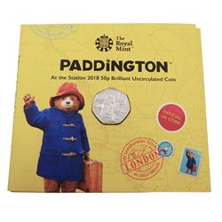 Twenty three Queen Elizabeth II United Kingdom commemorative fifty pence coins, including 2018 'Paddington at the Station' brilliant uncirculated, 2019 'The Gruffalo' brilliant uncirculated, 2019 'One Hundred Years of Girl Guiding' etc. face value of 11.50 GBP 