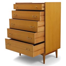 Golden Key By Palatial Ltd - mid-20th century teak chest of five drawers, rectangular top over a bank of graduating drawers fitted with brass loop handles, raised on tapering support