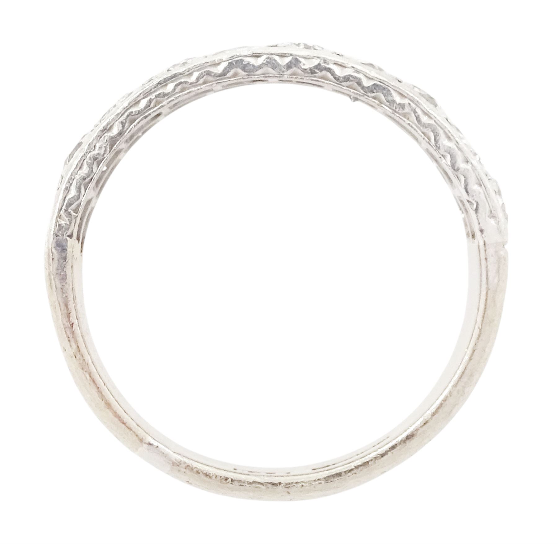 18ct white gold and platinum diamond half eternity ring, two rows each set with ten old cut diamonds, the sides with engraved decoration, Birmingham 1985, total diamond weight approx 1.20 carat