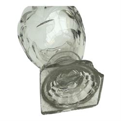 Five 19th century penny lick glasses, together with a pair of 19th century cut glass open salts with lemon squeezer bases, and a 19th century glass measure, largest example H12cm