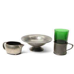 Quantity of Tudric pewter including small hammered pedestal bowl, milk jugs, sugar bowls etc and a WMF dish with Dutch figures No261
