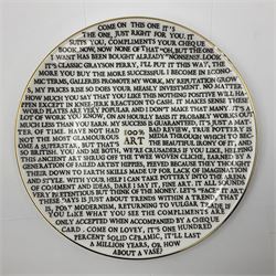 Grayson Perry (British 1960 -): ‘100% Art’, set of three ceramic plates, each with artist's seal printed to base and individually marked either with York Art Gallery, Sainsbury Center or The Holburne Museum