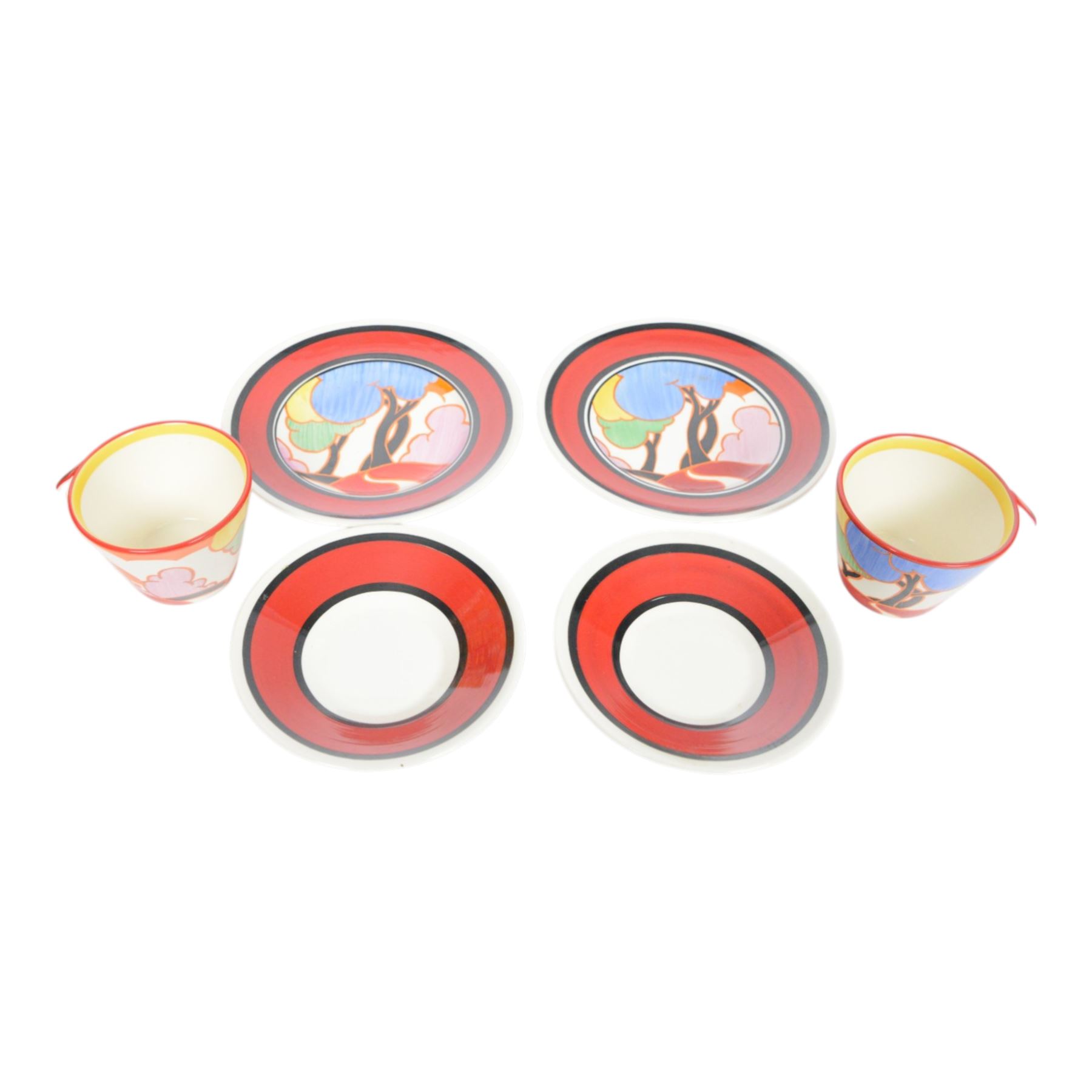 Wedgwood Bizarre by Clarice Cliff, Two sets of May Avenue, Colonial Teacup, saucer and side plate, limited edition 327 and 287 of 500, both with certificate and box