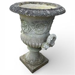 Pair of large stone Campana urns on square bases