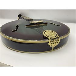 Chinese F-hole eight-string mandolin with sunburst finish, mother-of-pearl inlay of dragons chasing the flaming pearl and dragon carved headstock L71cm