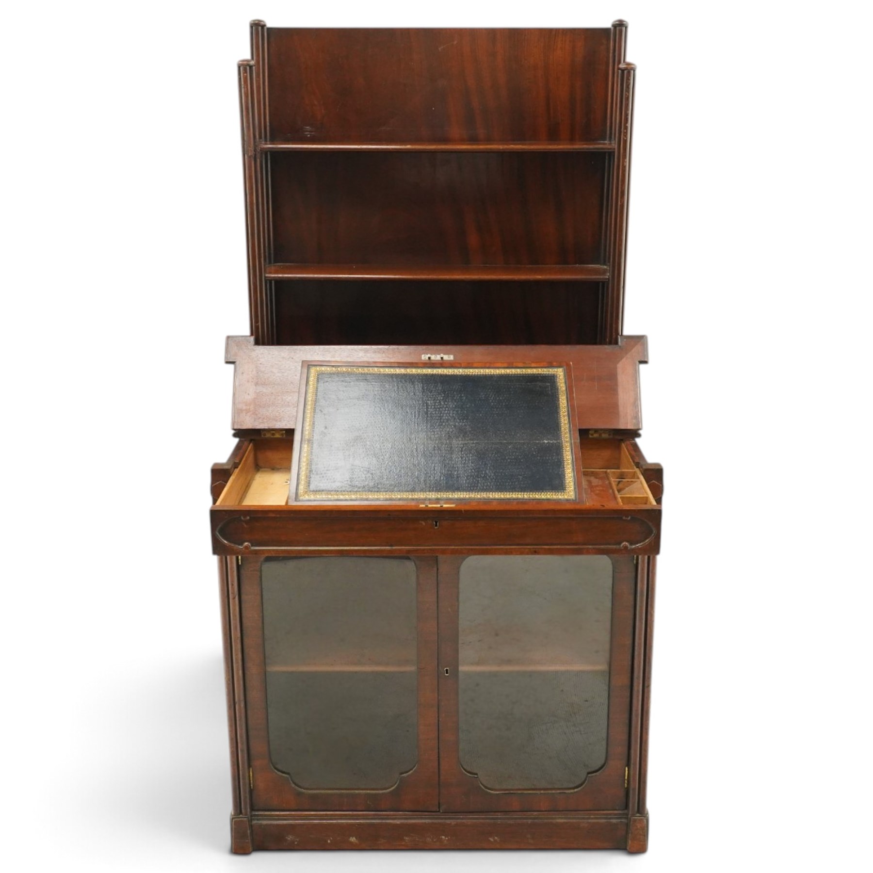 Late 19th century Gothic Inspired secretaire-chiffonier, the raised superstructure with two open shelves and cluster-column uprights, the base fitted with hinged top over secretaire drawer with hinged slope writing surface and pen-rest compartments, over a twin glazed doors enclosing single shelf, the flanking cluster-columns on skirted base