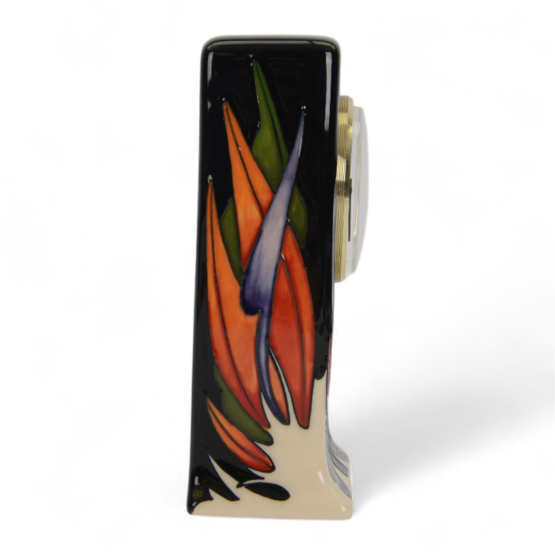 Moorcroft mantle clock, in Paradise Found pattern, with impressed mark beneath, H16cm