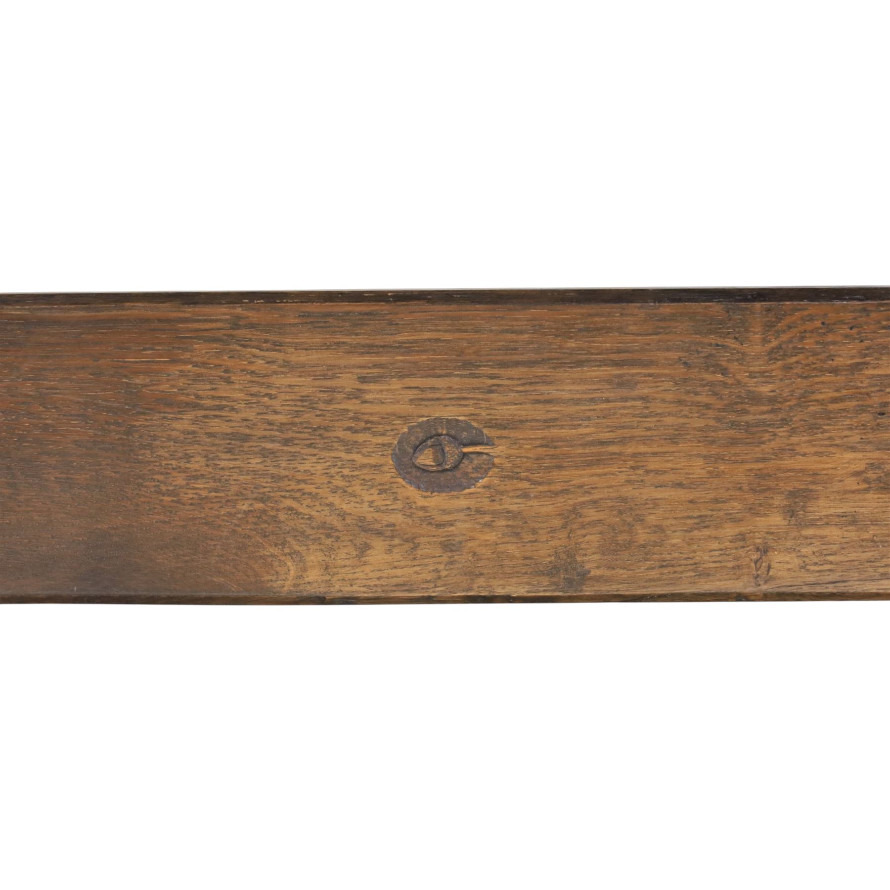 Acorn Industries - country oak kitchen or dining table, rectangular top with canted corners, shaped pedestals with joining pegged stretcher, Acornman signature