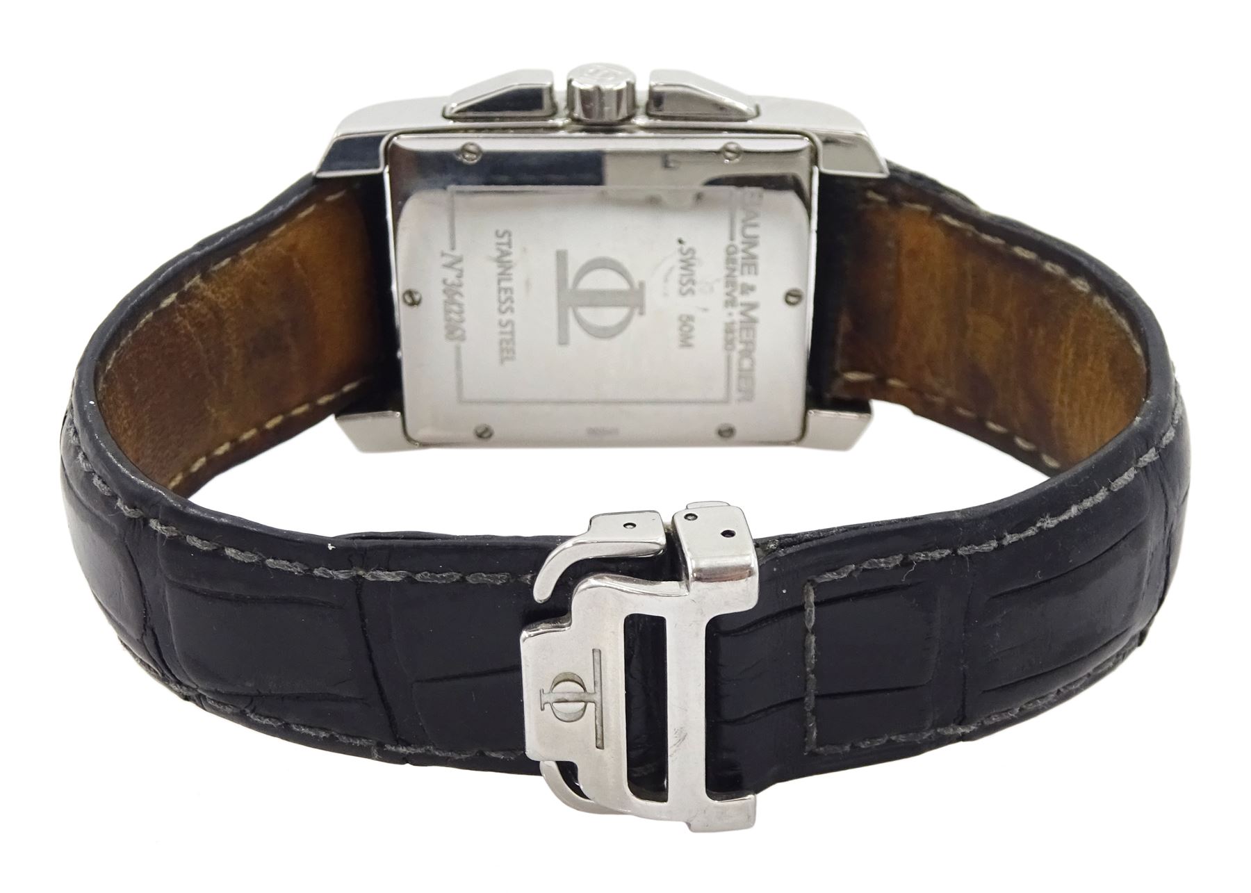 Baume Mercier Hampton gentleman's stainless steel chronograph quartz wristwatch, black dial with date aperture, on black leather strap and original fold-over clasp, boxed with papers