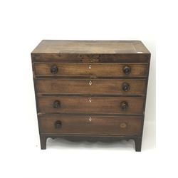 19th century inlaid mahogany chest, four graduating drawers, shaped apron and bracket supports