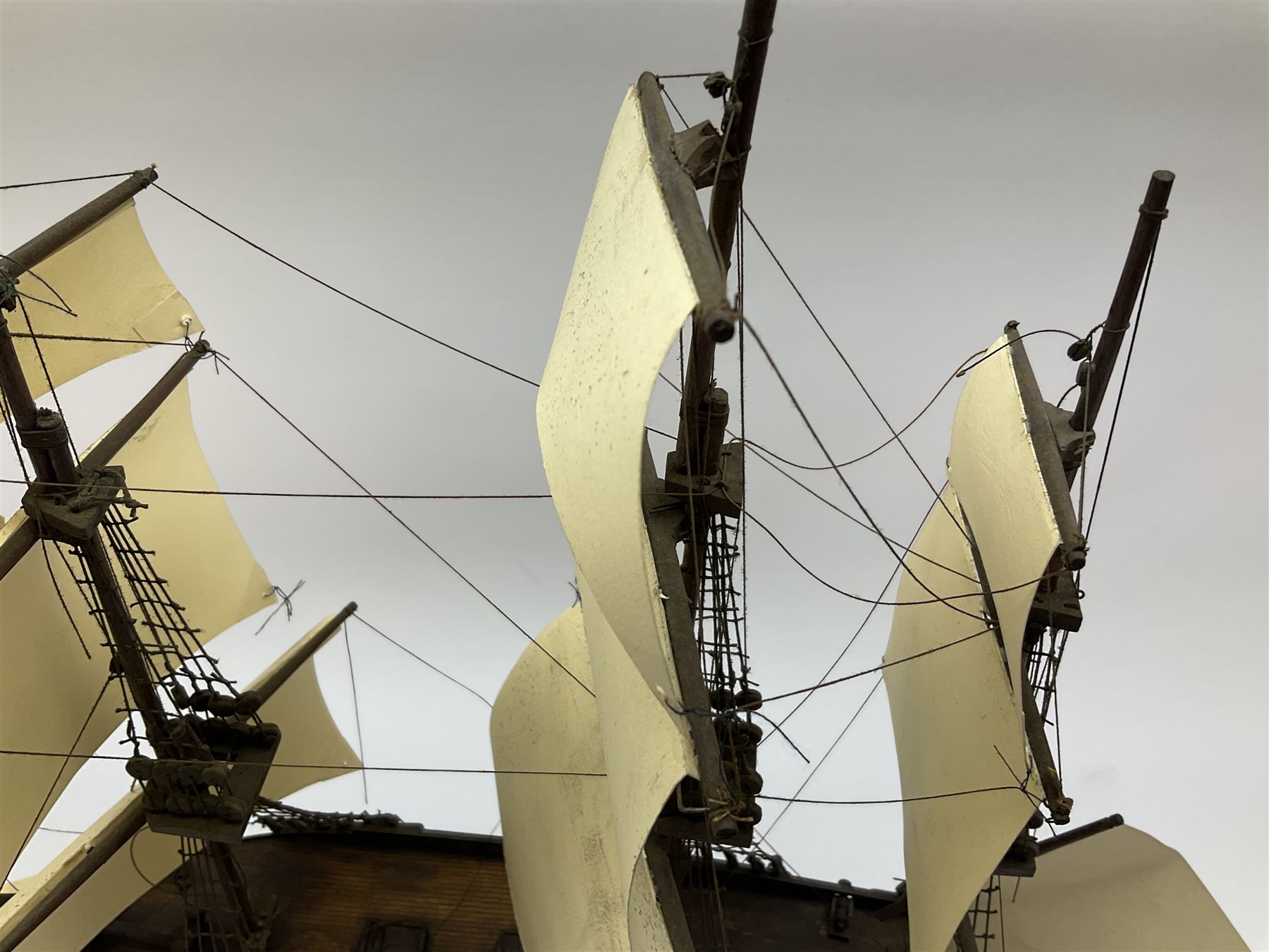 Late 19th, early 20th century, scratch built model of a three masted sailing ship with rigging, H50cm 