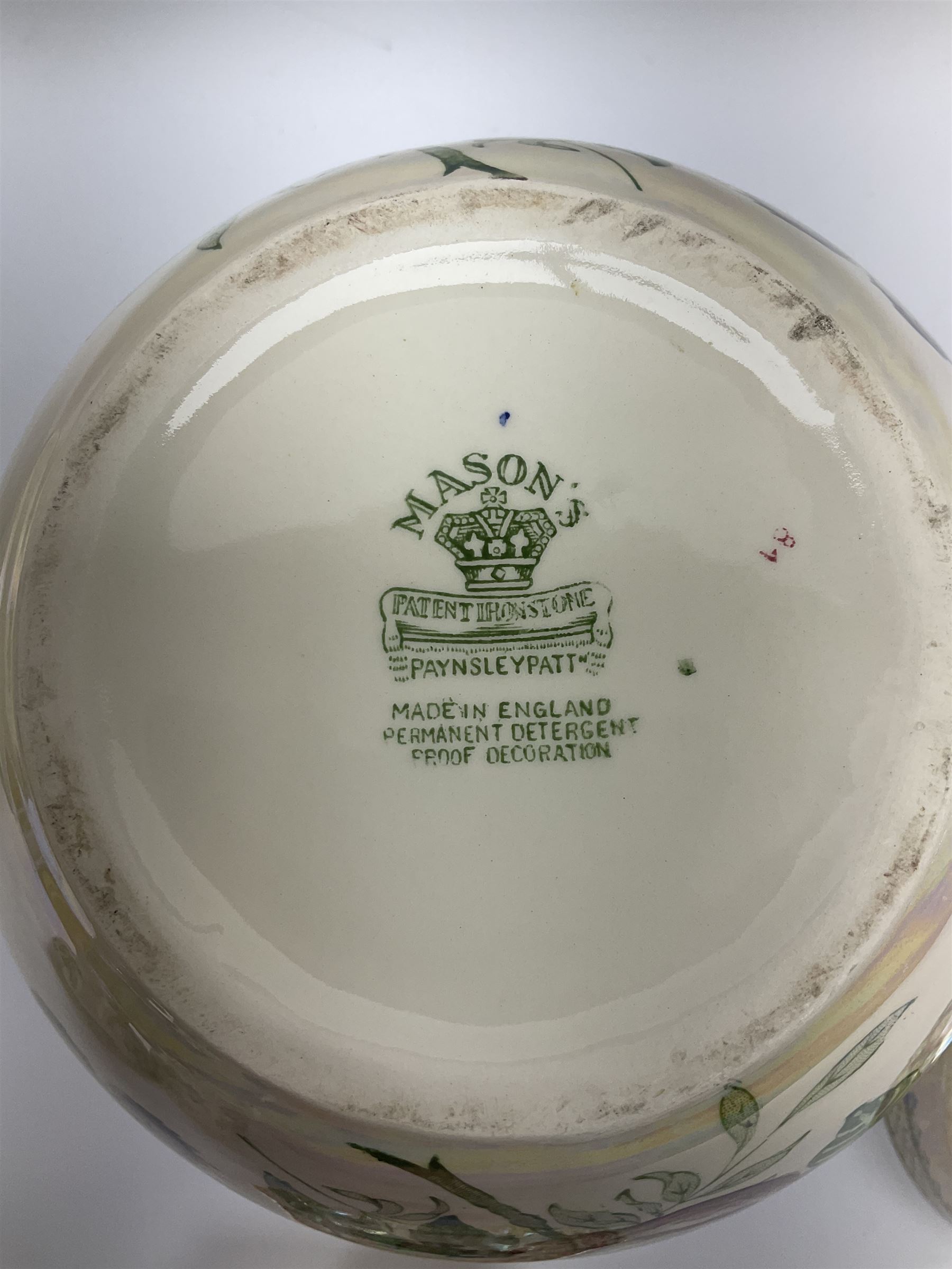 Five pieces of Masons Ironstone 'Paynsley' pattern lustre ware, comprising large ginger jar and cover, footed bowls, two jugs, and pin dish