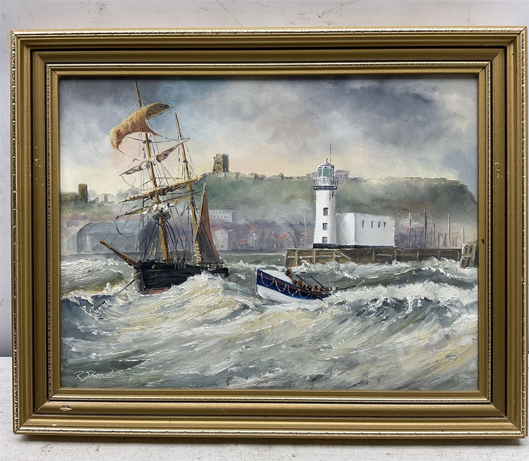 Robert Sheader (British 20th century): Boats Leaving Scarborough Harbour, oil on board signed 22cm x 29cm
