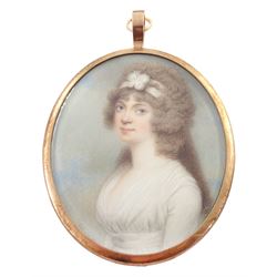 Henry Bone RA (British 1755-1834)
Portrait miniature upon ivory, circa 1785
Head and shoulder portrait of Lucia Maria Young, wearing white dress
Signed H Bone
Within gilt frame with blue enamel and hair work panel with seed pearl initial 'L' to centre verso 
Oval 7cm x 6cm

Lucia Maria Young was the eldest daughter of Admiral Sir George Young. Lucia would have been around twenty years old at the time this miniature was painted. 

During his early career Henry Bone worked as a porcelain and jewellery painter, and exhibited regularly the Royal Academy as an elected Royal Academician. 
He was appointed as Royal Enamelist to King George III, George IV and William IV. 
Due to the quality of his work Bone is said to have been known as the 