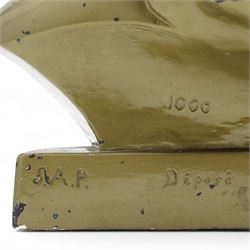 After Decouse - Art Deco bust of a woman facing upwards, marked 'SAP Depose' to plinth H40cm