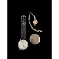 9ct gold watch back case, ladies 9ct gold manual wind wristwatch on 9ct gold strap and a 9ct gold cased wristwatch on leather strap