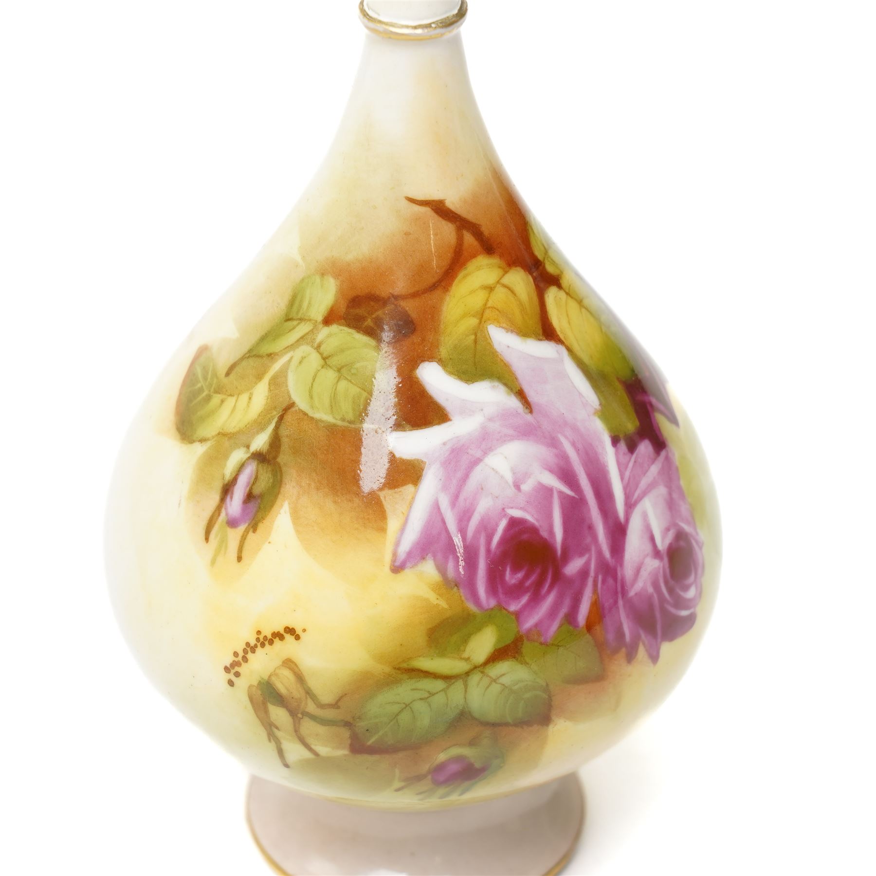 Royal Worcester vase, of baluster form with elongated neck, painted by F Harper and decorated with flowers, printed marks to base, H24cm 