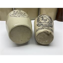 Large 2 gallon stoneware flagon, stamped 'John Soulby Wine Merchant Malton 2 Gall', together with a collection of similar stoneware jars and bottles, largest H40.5cm