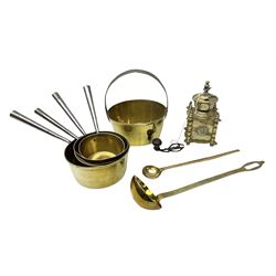 Quantity of brass to include jam pan, four sauce pans, coffee grinder etc