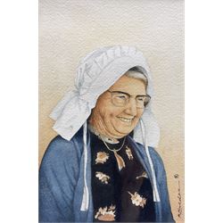 Robin Kildea (British Contemporary): 'Minnie' - one of the last to wear the Staithes Bonnet, watercolour signed, titled verso 18cm x 11.5cm