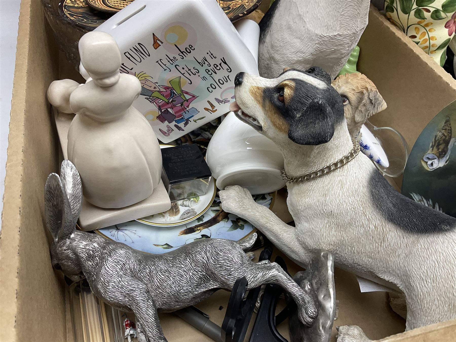 Sylvac green seated dog, together with pair Wade Heath vases, wall charger and other collectables, in two boxes  