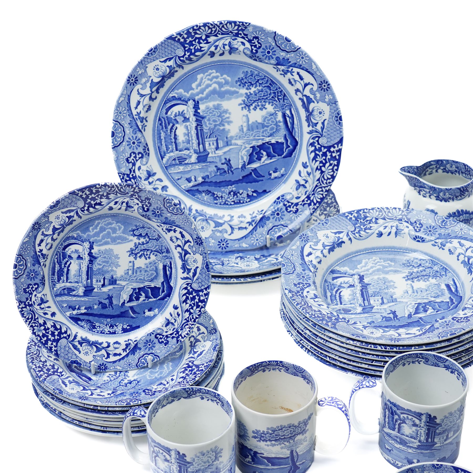 Large and extensive collection of Spode Italian blue and white tea and dinner wares, including various sized plates, serving dishes, mugs, etc, with mixed blue and black backstamps