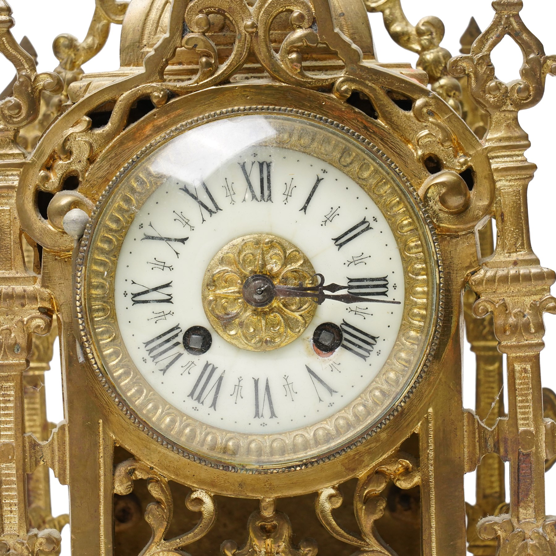 Early 20th century brass mantle clock with white dial and bell strike H42cm