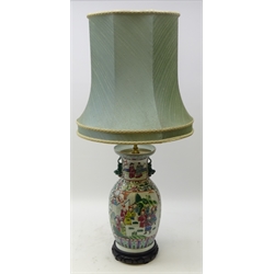  20th century Chinese Famille Verte baluster shaped table lamp with dog of fo handles, painted panels of figures and foliage on hardwood stand with shade (H88cm including shade)  