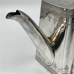 Victorian three-piece silver tea service, comprising teapot, twin handled open sucrier and milk jug, of oval form with shaped rim and C handles, each engraved with crests and bands of strapwork decoration, the milk jug and sucrier with gilt interiors, hallmarked Josiah Williams & Co, Exeter 1881, the teapot with ivory insulators and finial, all contained with a tooled leather, blue silk and velvet lined fitted case, retailed by West & Sun, Dublin 
This item has been registered for sale under Section 10 of the APHA Ivory Act