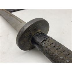 Chinese Boxer Rebellion Period Sword, 69.5cm heavy curved single edge blade with single narrow fuller, plain iron dished circular guard, iron pommel and ferrule with plaited cord bound grip; in skin covered wooden scabbard with iron chape and long suspension mount L95cm overall