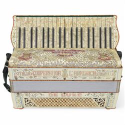 Two mid 20th century Italian accordions- manufactured by Frontalini and Cooperatiua both with a three octave keyboard compass and 120 bass buttons, with fretted sound grills and shoulder straps. 
