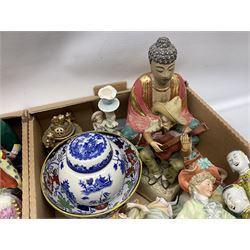 Collection of ceramics to include Royal Doulton Winston Churchill toby jug, Capodimonte style figures, novelty brandy decanter etc, in two boxes