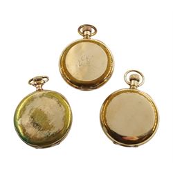 Two gold-plated full hunter keyless lever pocket watches and one open face lever pocket watch, all by Thomas Russell, Liverpool, No's. 44145, 69495 and 81783, white enamel dials with Roman numerals and subsidiary dials (3)