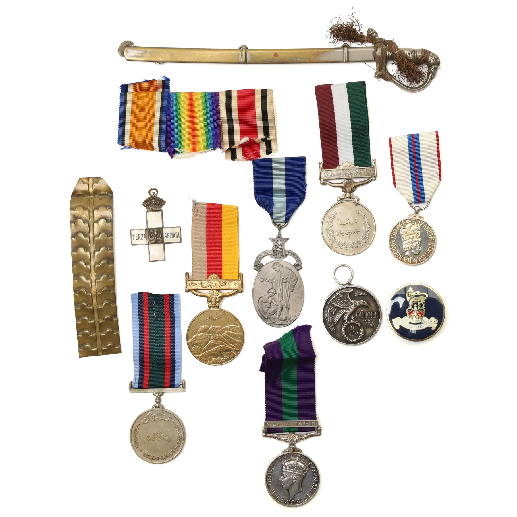 To T/14710083 Dvr S E Thompson R.A.S.C.George VI General Service medal with S E Asia clasp, two Pakistan medals, German Munchen medal, Italian paper knife in the form of a sword and other items