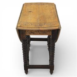 19th century oak country tables, comprising a oak country tripod table, circular top on a turned baluster stem issuing three cabriole supports with pad feet (H 71cm, Dia 80cm) carved oak gate leg table, the rectangular drop-leaf top decorated with foliate carving, raised on turned legs united by stretchers, with gate leg action (H 71cm, W 73cm, D 44cm)