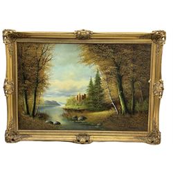 H Sanders (Continental 20th century): Castle in Highland River Landscape, oil on canvas signed 60cm x 91cm