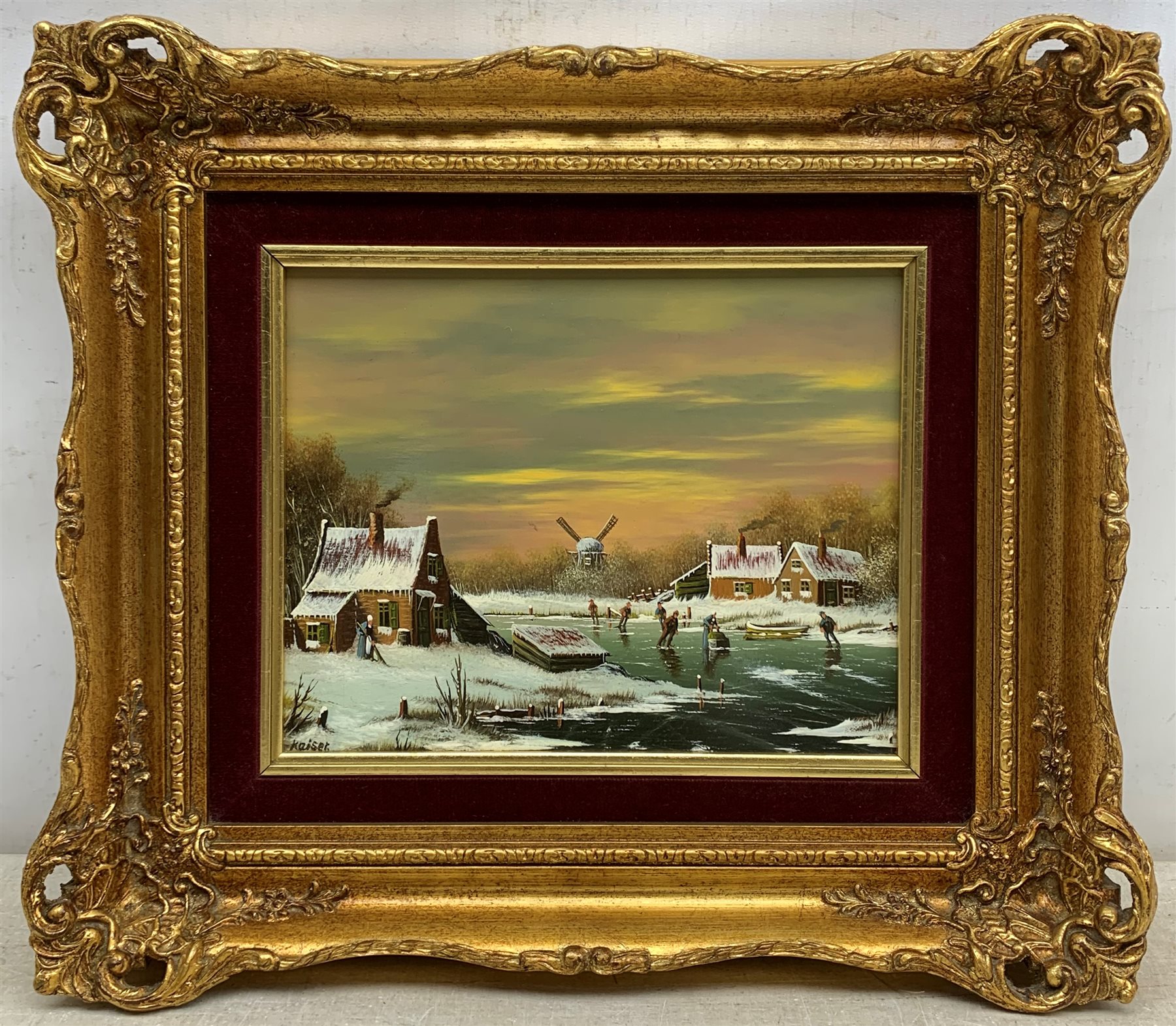 Johannes Kaiser (Dutch 1928-): Figures Skating, oil on panel signed 18cm x 24cm