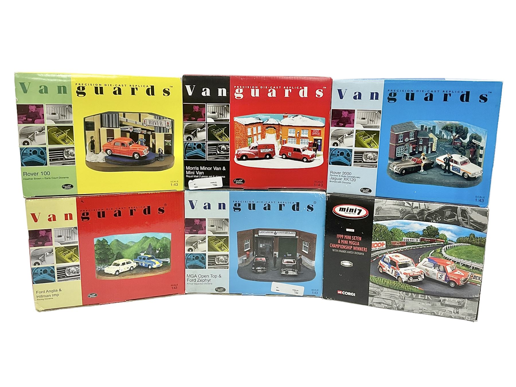 Lledo Vanguards - five 1:43 scale diorama sets comprising CD1002, PD1002, PD2002, RD 3002 and GD1002; with further Corgi 05508 Mini 7 racing club diorama set; all boxed (6)