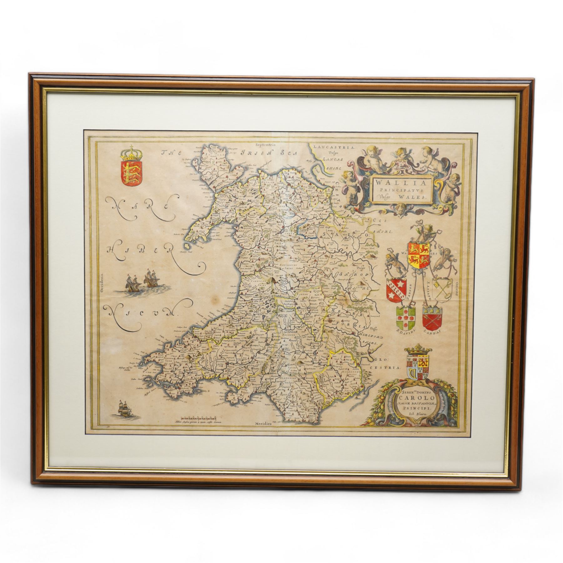 Johannes (Joan) Blaeu (Dutch 1596-1673): 'Wallia Principatus vulgo Wales', 17th century engraved map with hand-colouring pub. c.1645, 40cm x 50cm