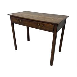 Early 20th century oak side table, rectangular top with rounded edges over single frieze drawer with brass pull handles, raised on square supports
