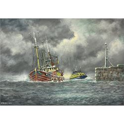 Jack Rigg (British 1927-): 'The Escort' - Lifeboat following a Kirkcaldy Trawler back to Harbour, oil on canvas signed and dated 2012, titled signed and dated verso 39cm x 55cm
