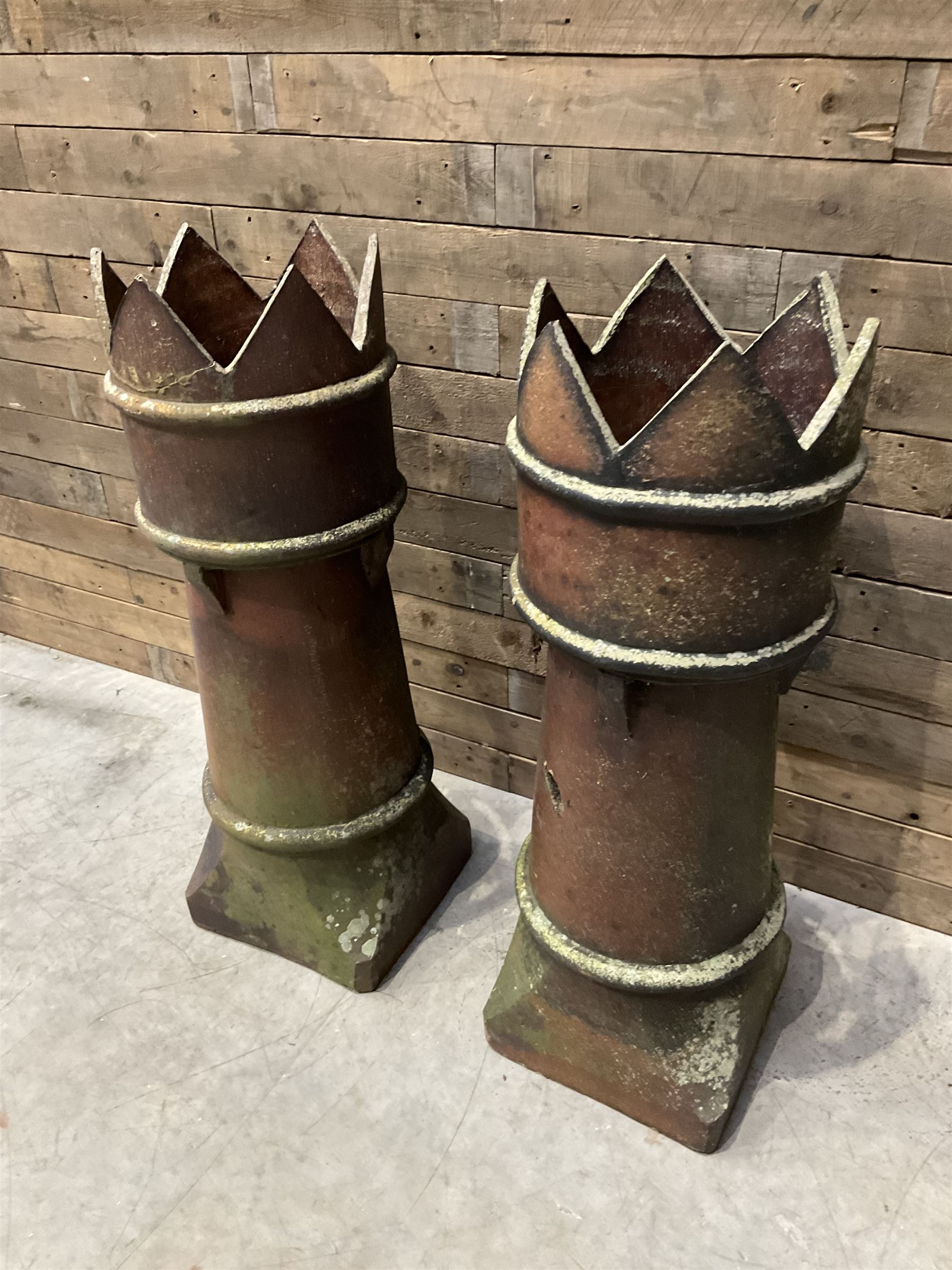Two Victorian salt glazed crown-top chimney pots