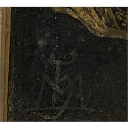 Haydn Reynolds Mackey (British 1881-1979): The Epitaph and the Epilogue, lino cut highlighted in white signed in pencil on the border and monogramed in the image 34cm x 27cm
Provenance: given to the vendor Neil Tyler, a pupil and fellow artist